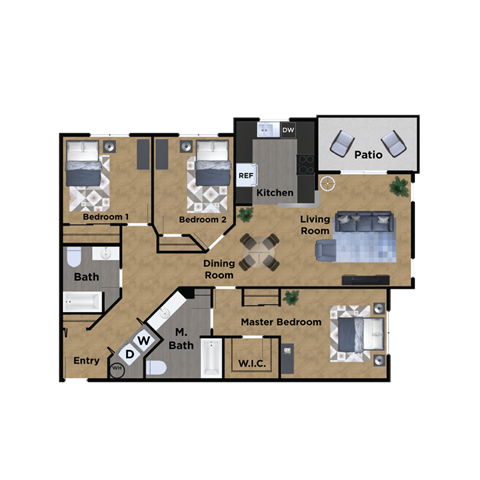 Floor plan for 3 beds, 2 baths, 1286 sqft